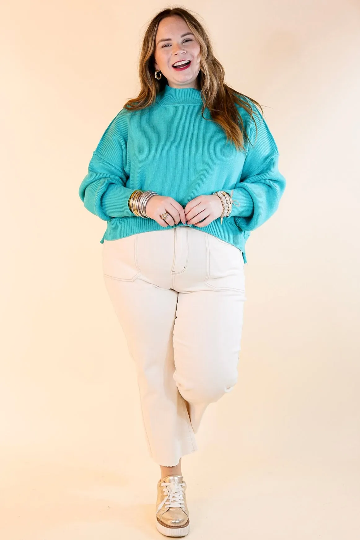 Fireside Fit Cropped Long Sleeve Mock Neck Sweater in Turquoise Blue