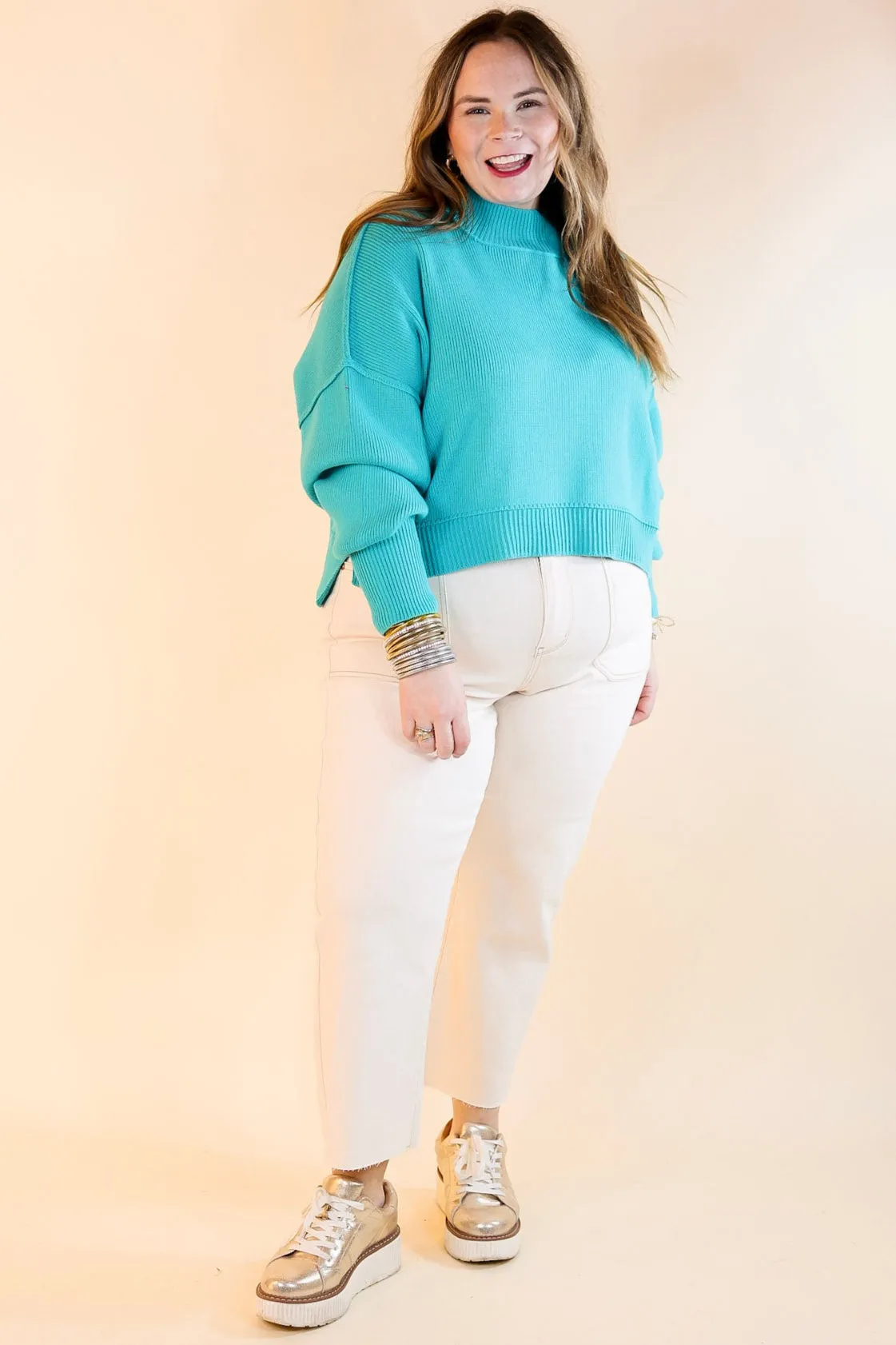 Fireside Fit Cropped Long Sleeve Mock Neck Sweater in Turquoise Blue
