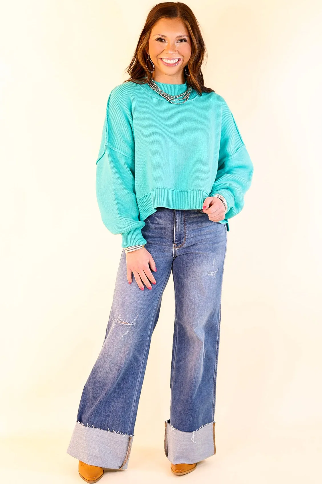 Fireside Fit Cropped Long Sleeve Mock Neck Sweater in Turquoise Blue