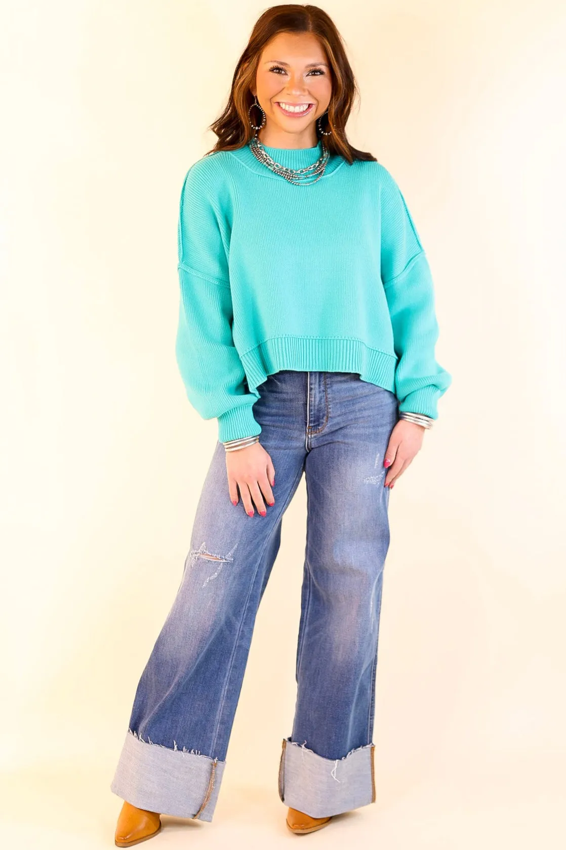 Fireside Fit Cropped Long Sleeve Mock Neck Sweater in Turquoise Blue
