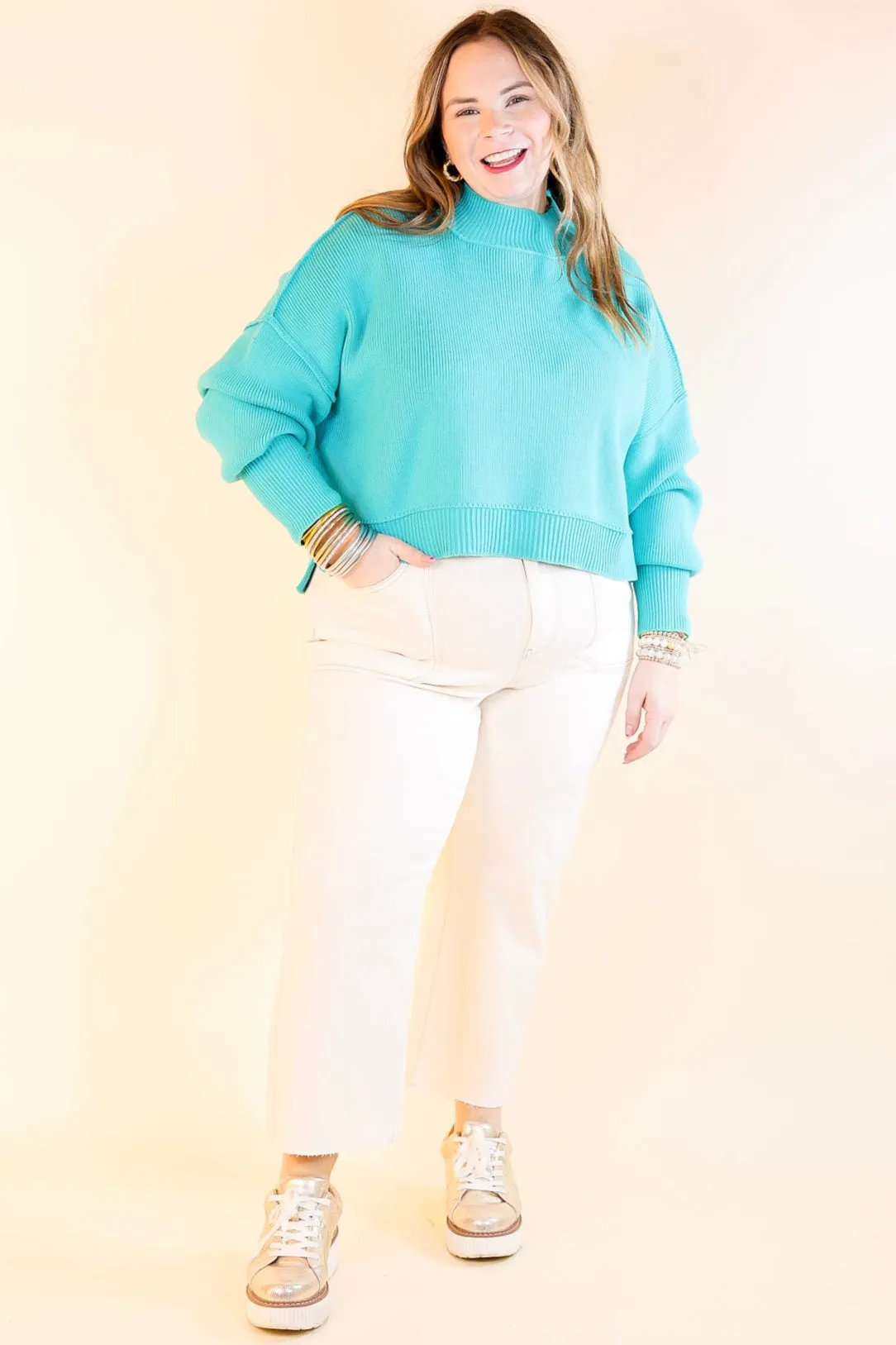 Fireside Fit Cropped Long Sleeve Mock Neck Sweater in Turquoise Blue