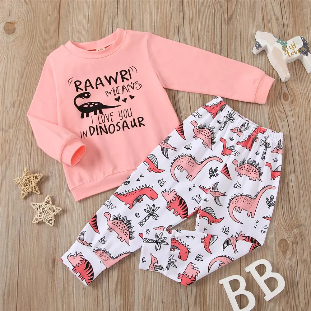 Girls Dinosaur Printed Long Sleeve T-shirt & Pants Girls Clothing Wholesale