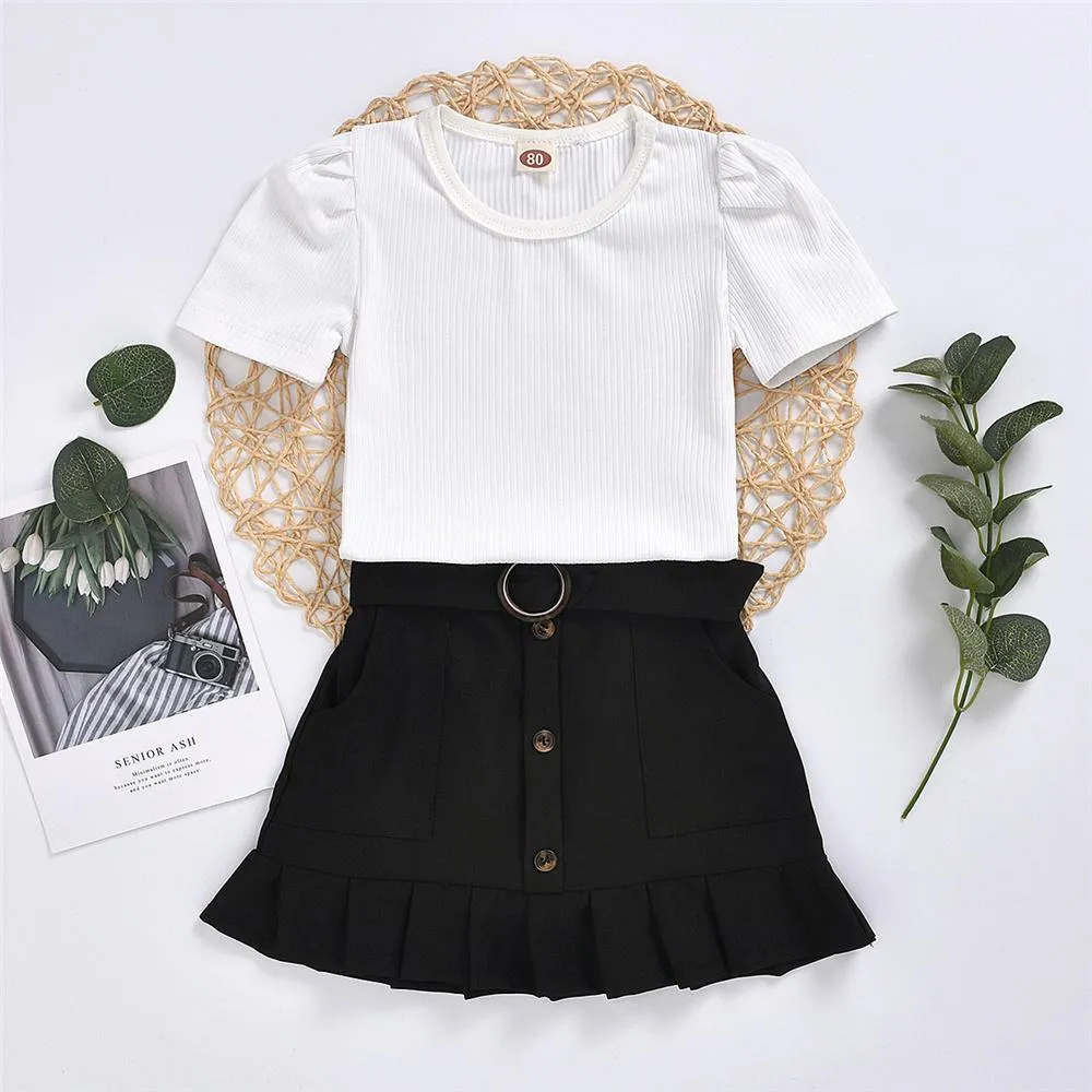 Girls Solid Color Short Sleeve Pullover Top & Skirts Girls Clothing Wholesale