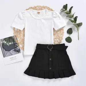 Girls Solid Color Short Sleeve Pullover Top & Skirts Girls Clothing Wholesale