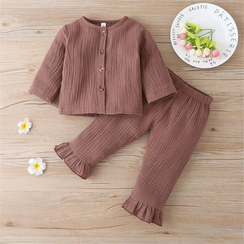 Girls Solid Long Sleeve Button Top & Pants
