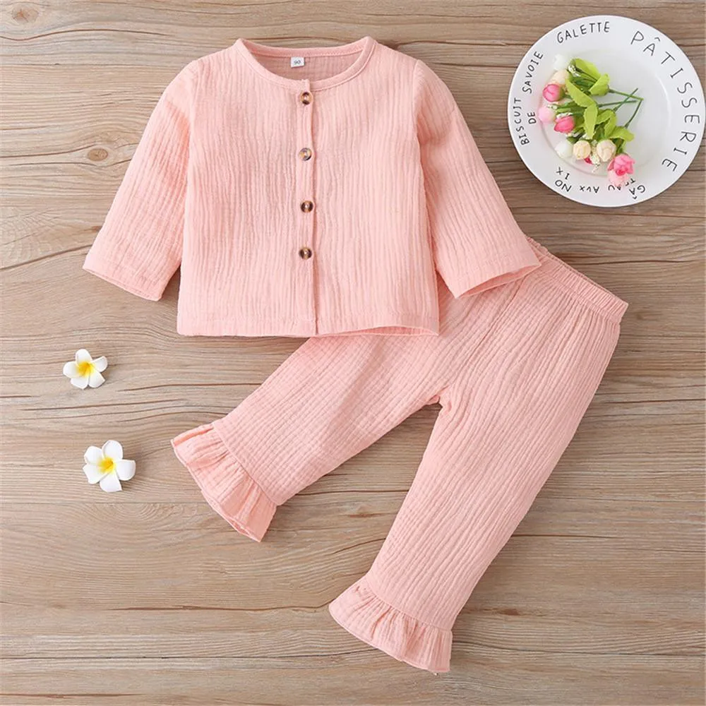 Girls Solid Long Sleeve Button Top & Pants