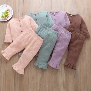 Girls Solid Long Sleeve Button Top & Pants