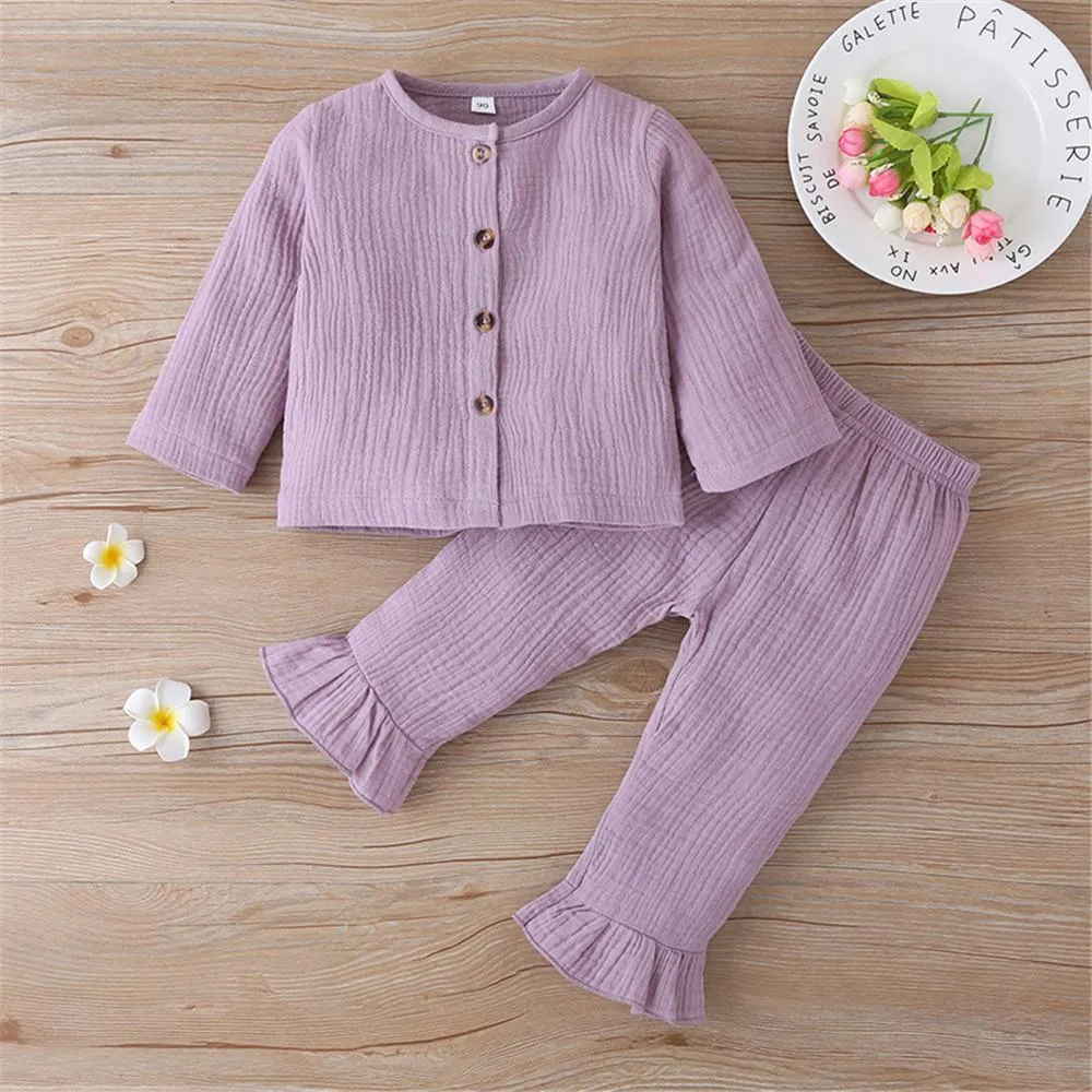 Girls Solid Long Sleeve Button Top & Pants