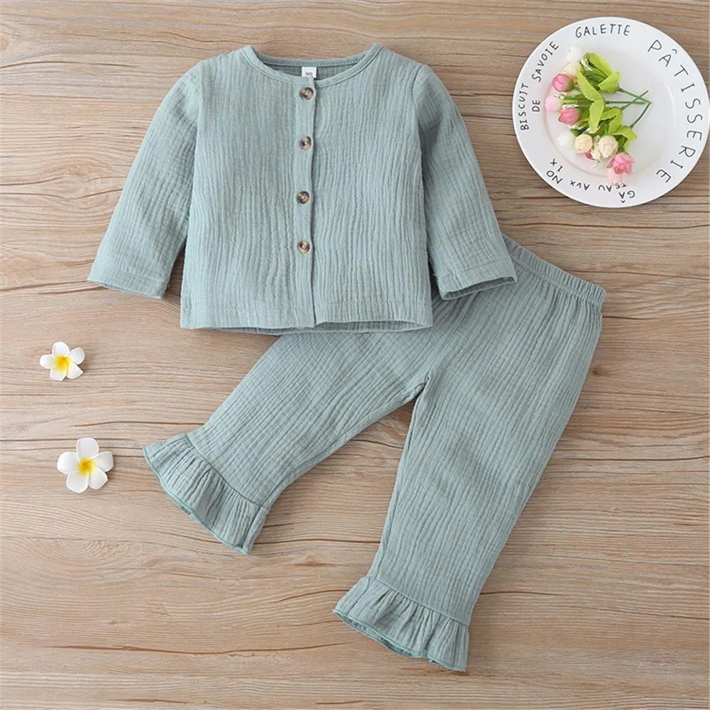 Girls Solid Long Sleeve Button Top & Pants