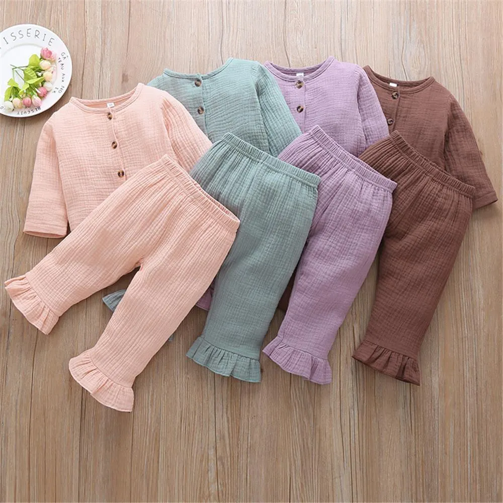 Girls Solid Long Sleeve Button Top & Pants