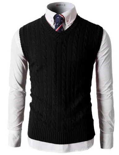 H2H Mens Casual Knitted Slim Fit V-neck Vest With Twisted Patterned BLACK US S/Asia M (KMOV037)