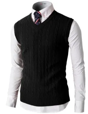 H2H Mens Casual Knitted Slim Fit V-neck Vest With Twisted Patterned BLACK US S/Asia M (KMOV037)