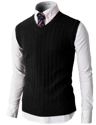H2H Mens Casual Knitted Slim Fit V-neck Vest With Twisted Patterned BLACK US S/Asia M (KMOV037)
