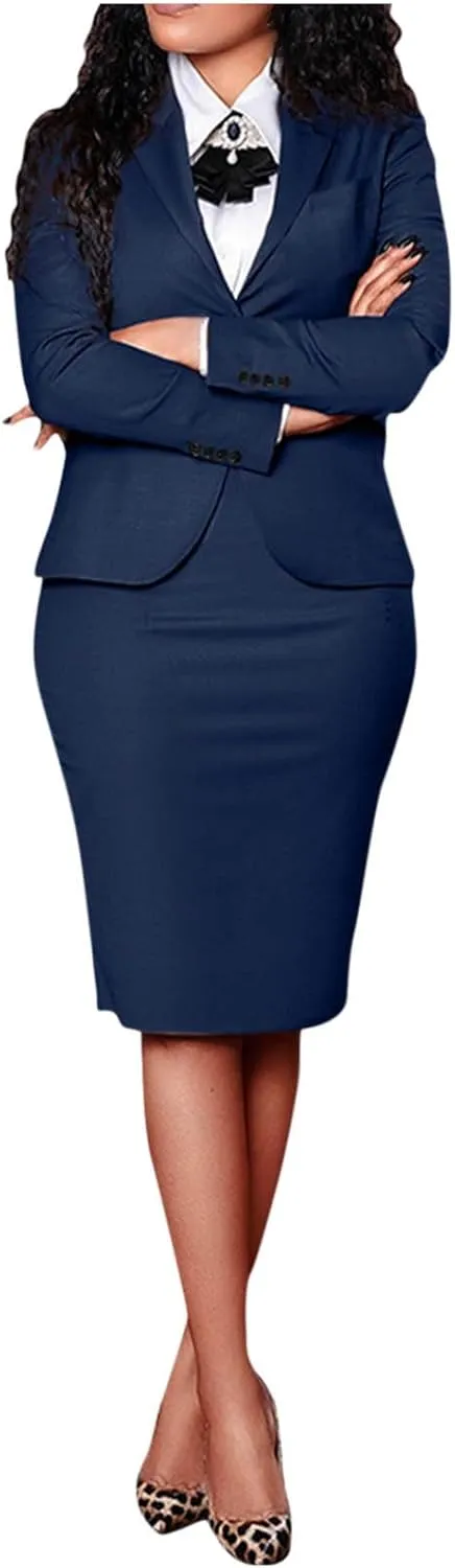 HGps8w 2 Piece Outfits for Women Dressy Long Sleeve Blazer Suit Jackets and Knee Langht Pencil Skirt Business Sets