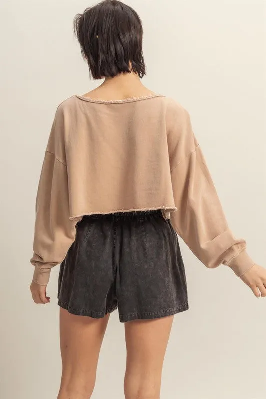 HYFVE Frayed Detail Boat Neck Long Sleeve Crop Top
