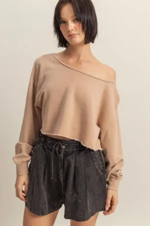 HYFVE Frayed Detail Boat Neck Long Sleeve Crop Top