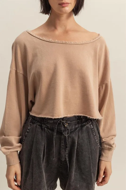 HYFVE Frayed Detail Boat Neck Long Sleeve Crop Top