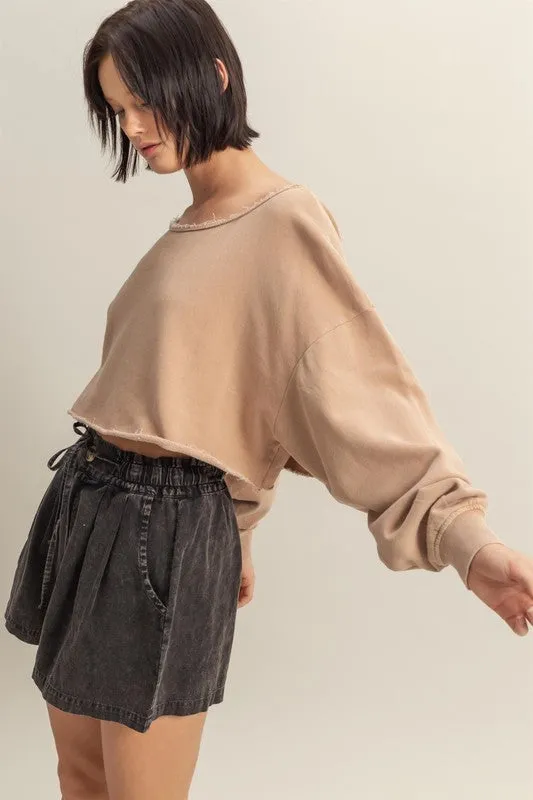 HYFVE Frayed Detail Boat Neck Long Sleeve Crop Top