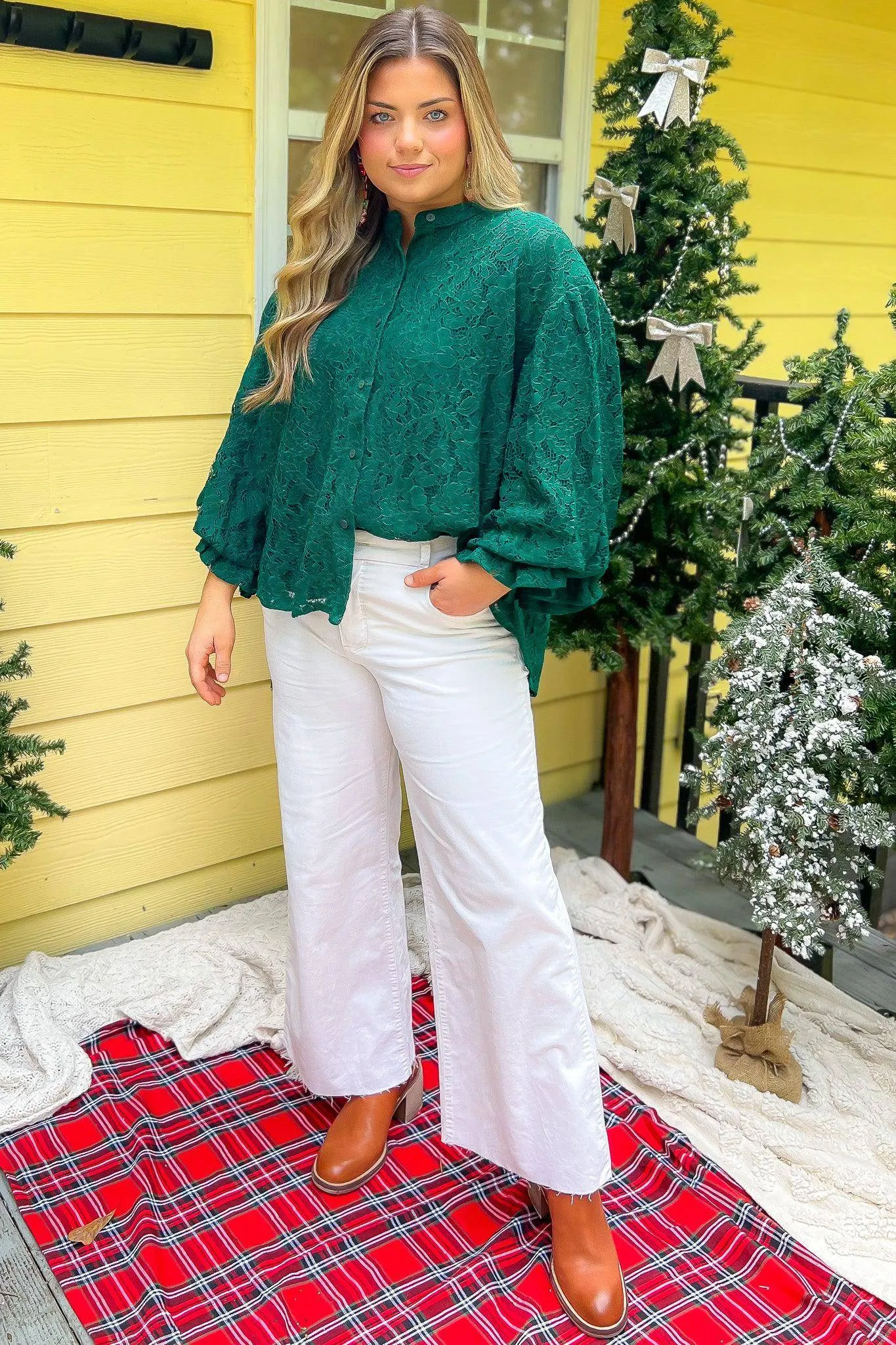 Jayne Green Lace Bubble Sleeve Blouse