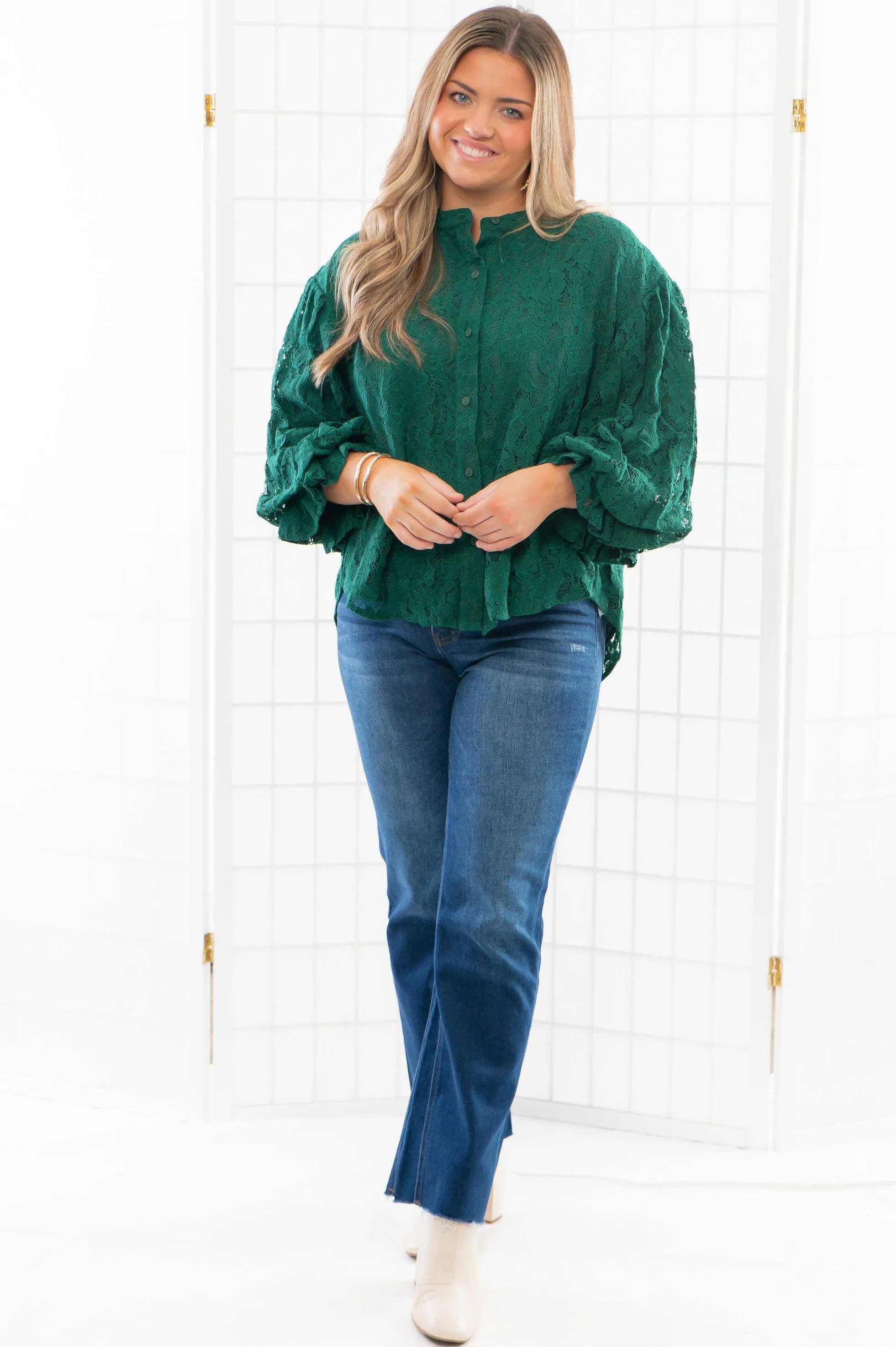 Jayne Green Lace Bubble Sleeve Blouse