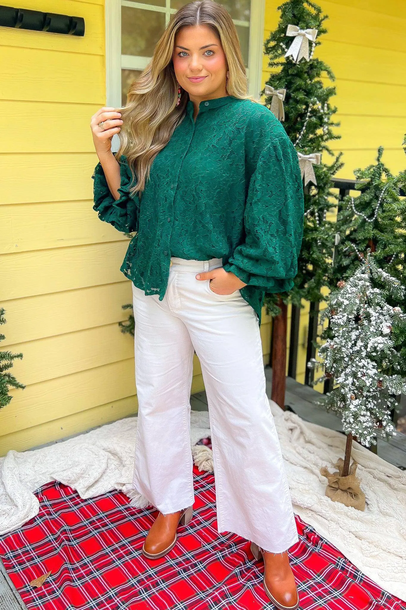 Jayne Green Lace Bubble Sleeve Blouse