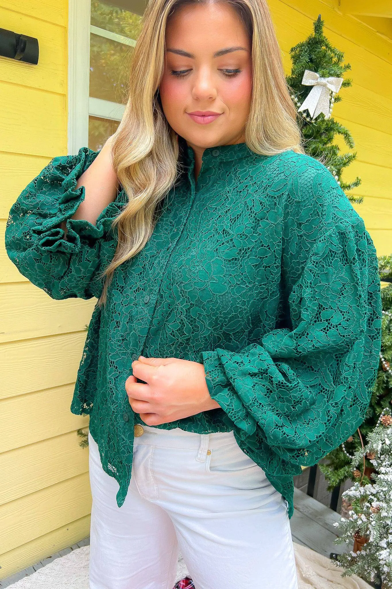 Jayne Green Lace Bubble Sleeve Blouse