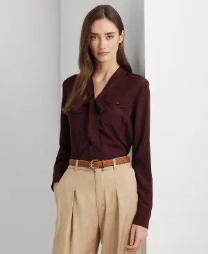LAUREN Ralph Lauren Crepe Tie-Neck Shirt (Red Burgundy) Womens Size XL MSRP $125