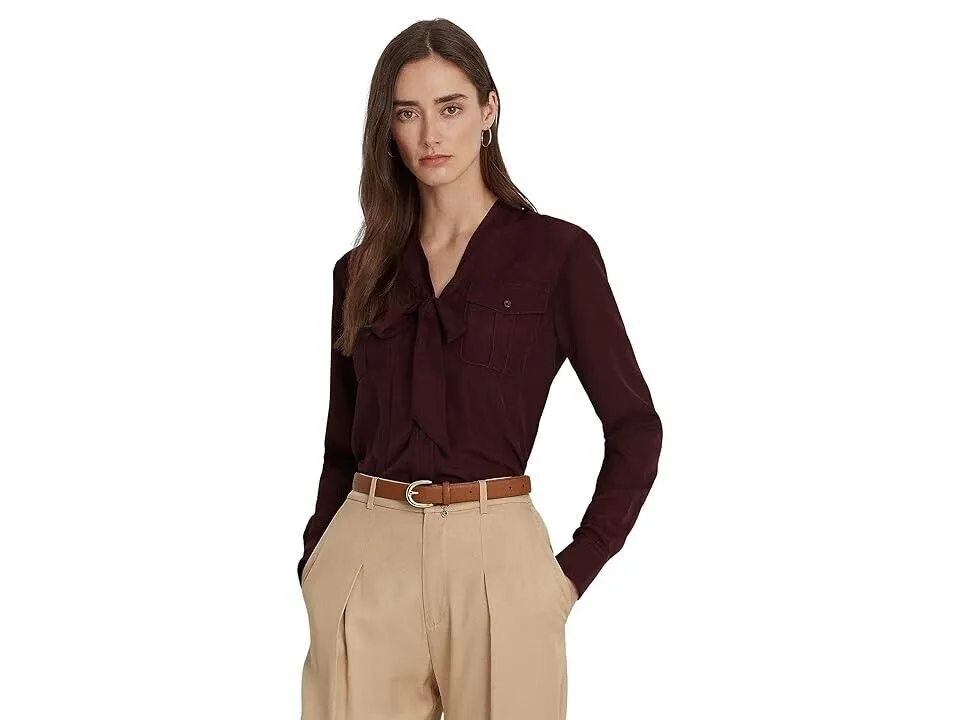 LAUREN Ralph Lauren Crepe Tie-Neck Shirt (Red Burgundy) Womens Size XL MSRP $125