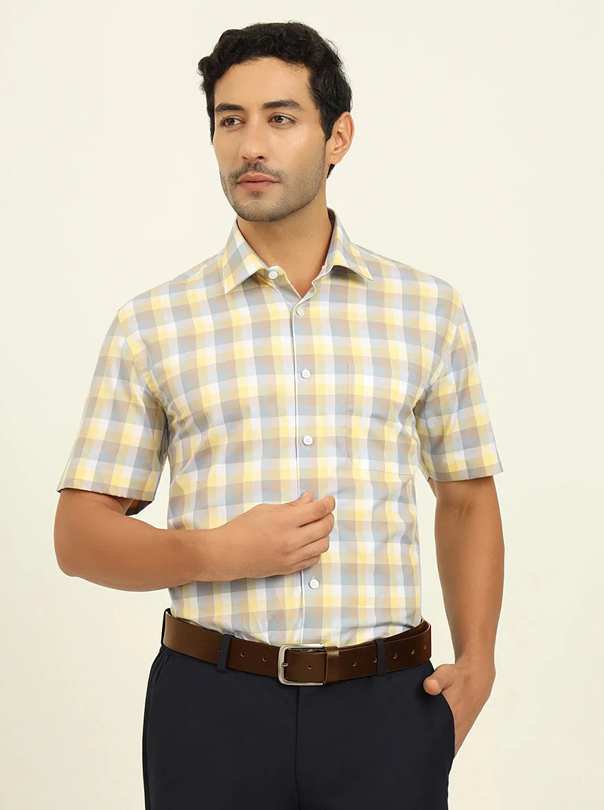 Lemon & Brown Checked Regular Fit Formal Shirt | JadeBlue