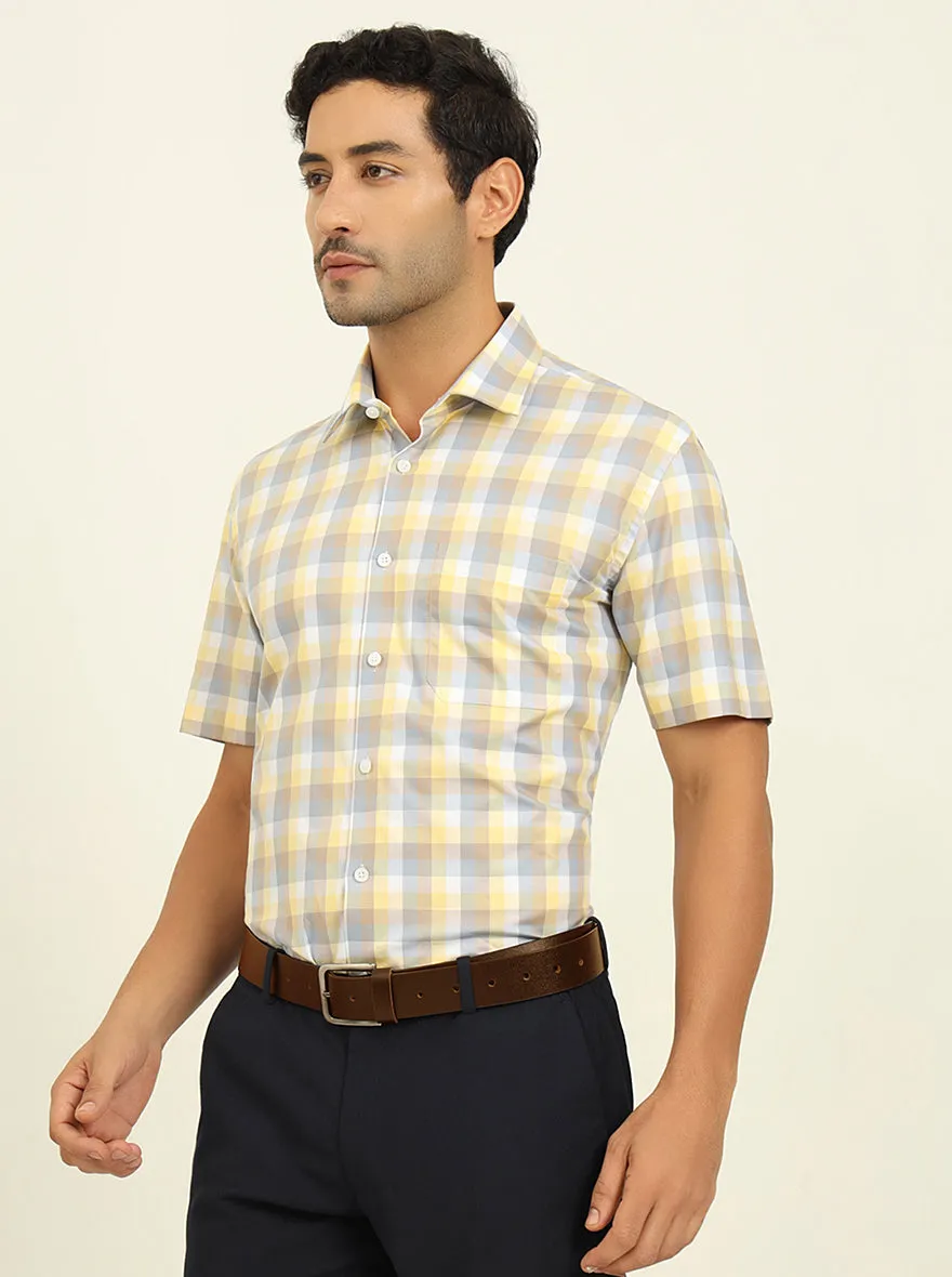Lemon & Brown Checked Regular Fit Formal Shirt | JadeBlue