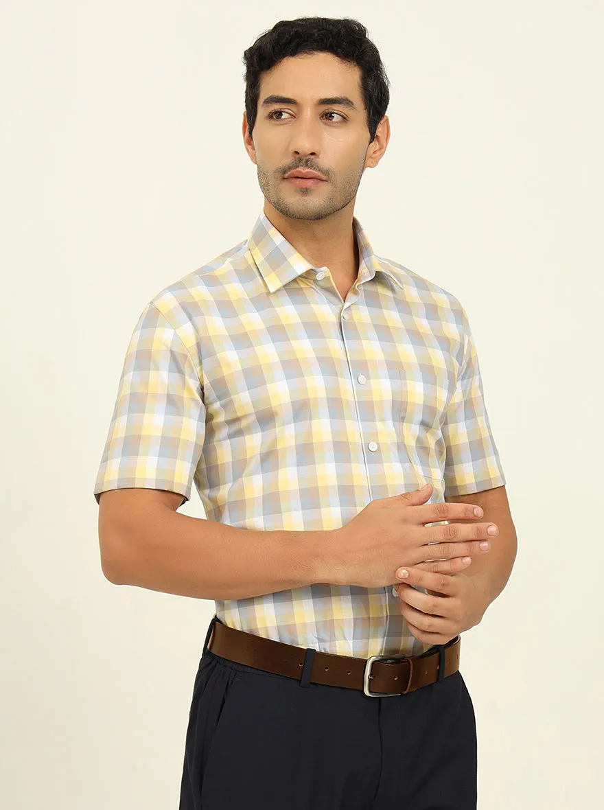 Lemon & Brown Checked Regular Fit Formal Shirt | JadeBlue