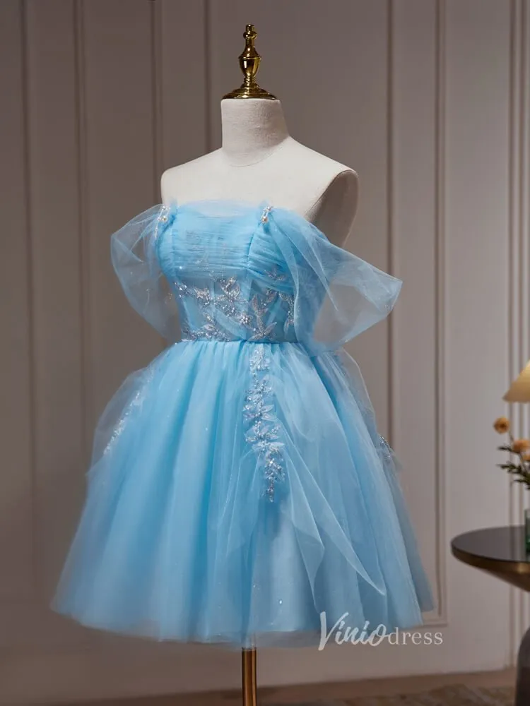 Light Blue Beaded Lace Off the Shoulder Homecoming Dresses Sparkly Tulle BJ031