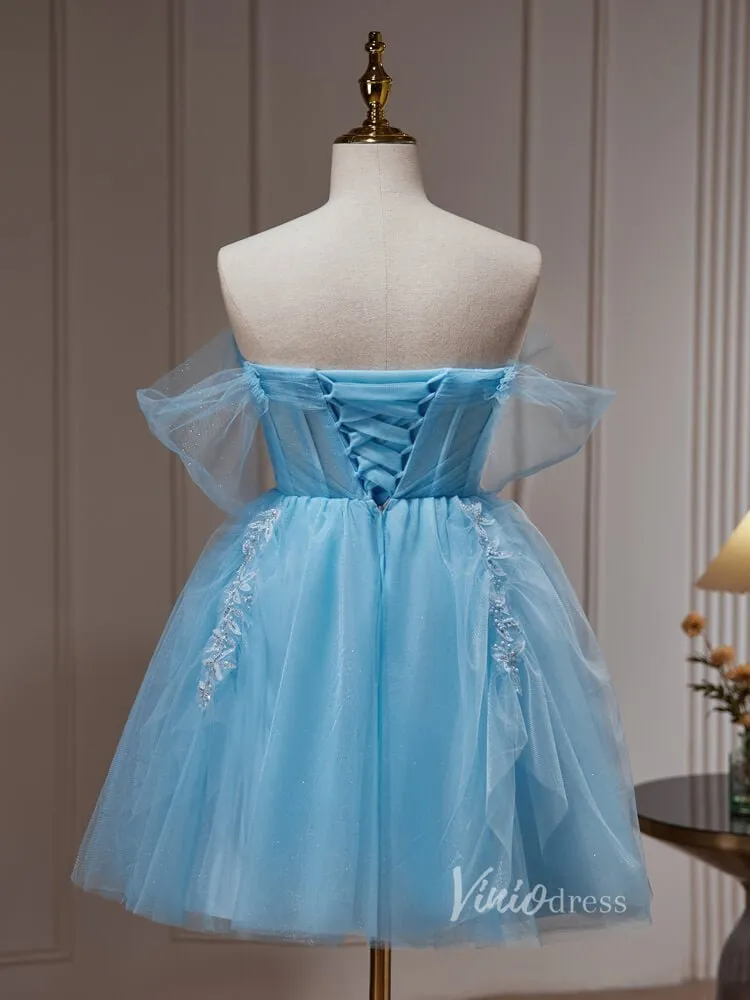 Light Blue Beaded Lace Off the Shoulder Homecoming Dresses Sparkly Tulle BJ031