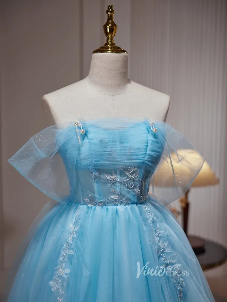 Light Blue Beaded Lace Off the Shoulder Homecoming Dresses Sparkly Tulle BJ031