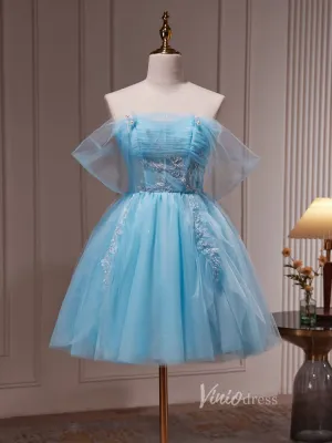 Light Blue Beaded Lace Off the Shoulder Homecoming Dresses Sparkly Tulle BJ031
