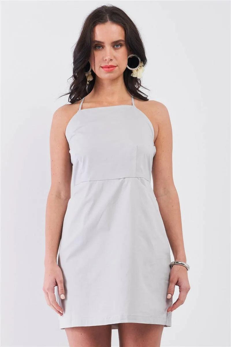 Light Grey Cotton Sleeveless Back Criss Cross Straps Square Neck Side Pockets