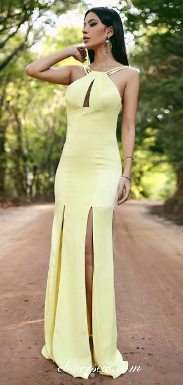 Light Yellow Spaghetti Strap Backless Sheath With Slit Party Dresses, CP0540