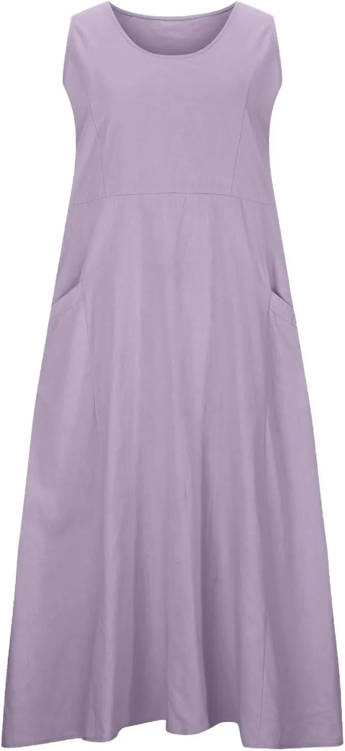 Linen Dress Women for 2025 Sleeveless Round Neck Casual Dress Loose Sun Dresses Beach Vacation Maxi Dress with Pocket