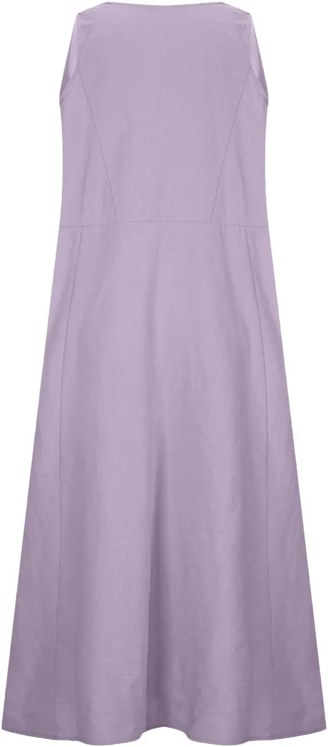 Linen Dress Women for 2025 Sleeveless Round Neck Casual Dress Loose Sun Dresses Beach Vacation Maxi Dress with Pocket