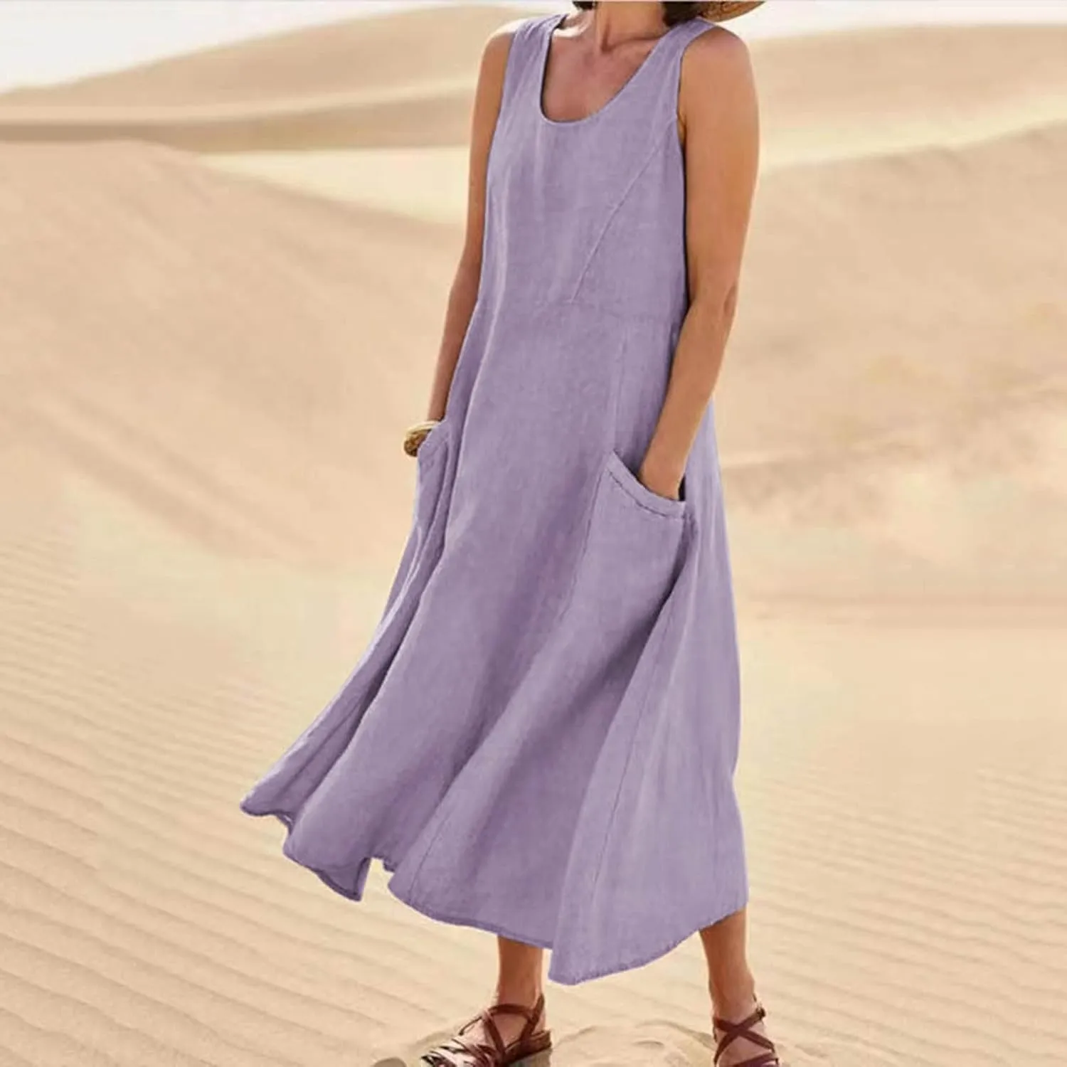Linen Dress Women for 2025 Sleeveless Round Neck Casual Dress Loose Sun Dresses Beach Vacation Maxi Dress with Pocket