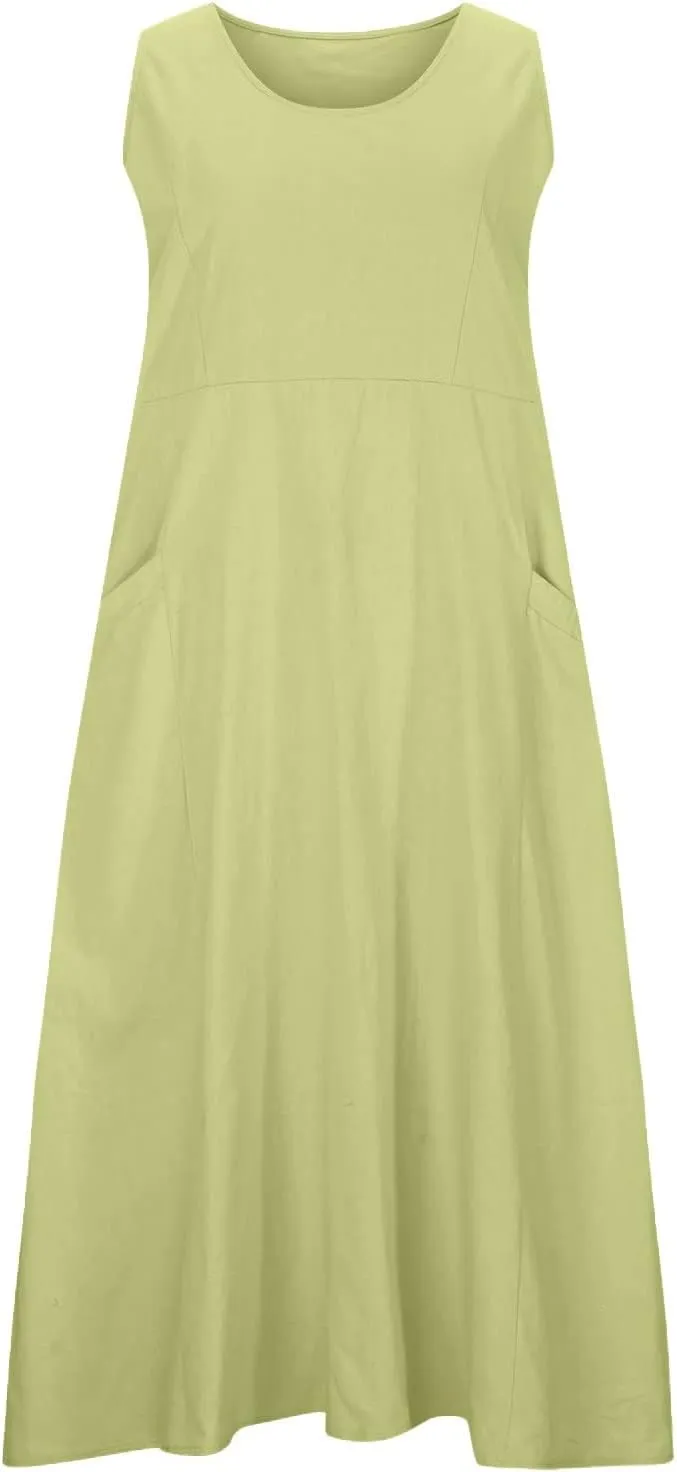 Linen Dress Women for 2025 Sleeveless Round Neck Casual Dress Loose Sun Dresses Beach Vacation Maxi Dress with Pocket