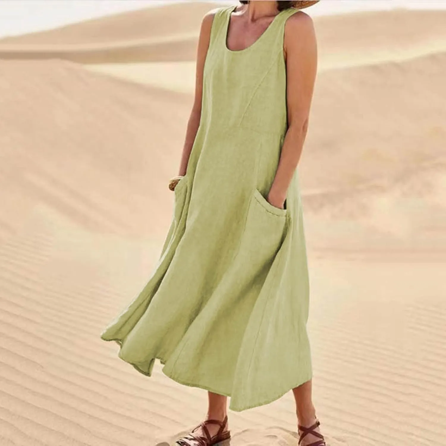 Linen Dress Women for 2025 Sleeveless Round Neck Casual Dress Loose Sun Dresses Beach Vacation Maxi Dress with Pocket