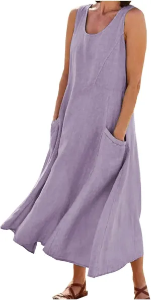 Linen Dress Women for 2025 Sleeveless Round Neck Casual Dress Loose Sun Dresses Beach Vacation Maxi Dress with Pocket