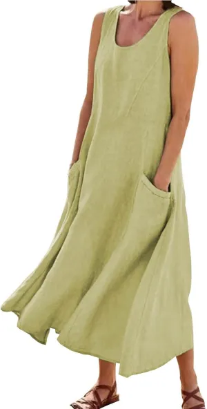 Linen Dress Women for 2025 Sleeveless Round Neck Casual Dress Loose Sun Dresses Beach Vacation Maxi Dress with Pocket