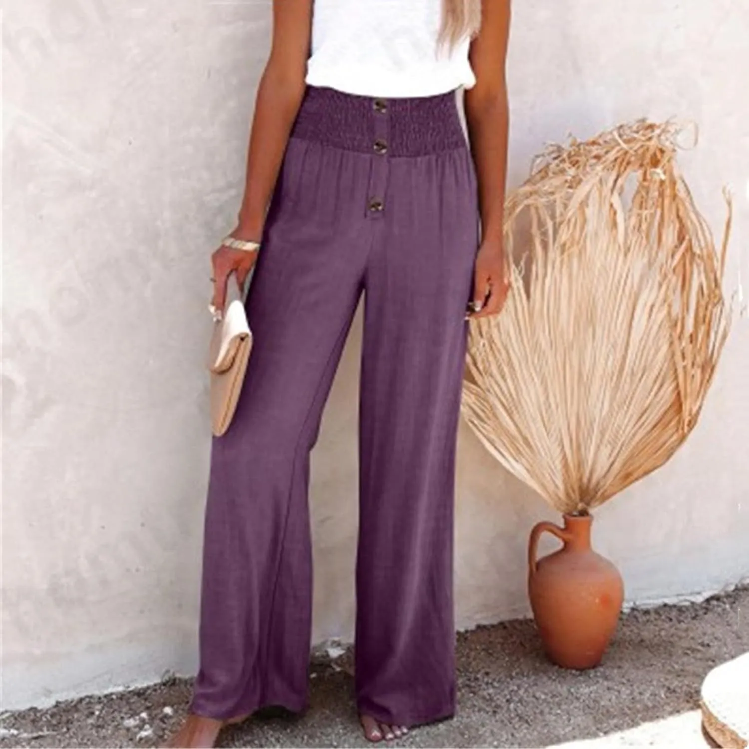Lmdudan Women Linen Palazzo Pants 2025 Summer Boho Wide Leg High Waist Casual Lounge Pant Beach Travel Vacation Outfits