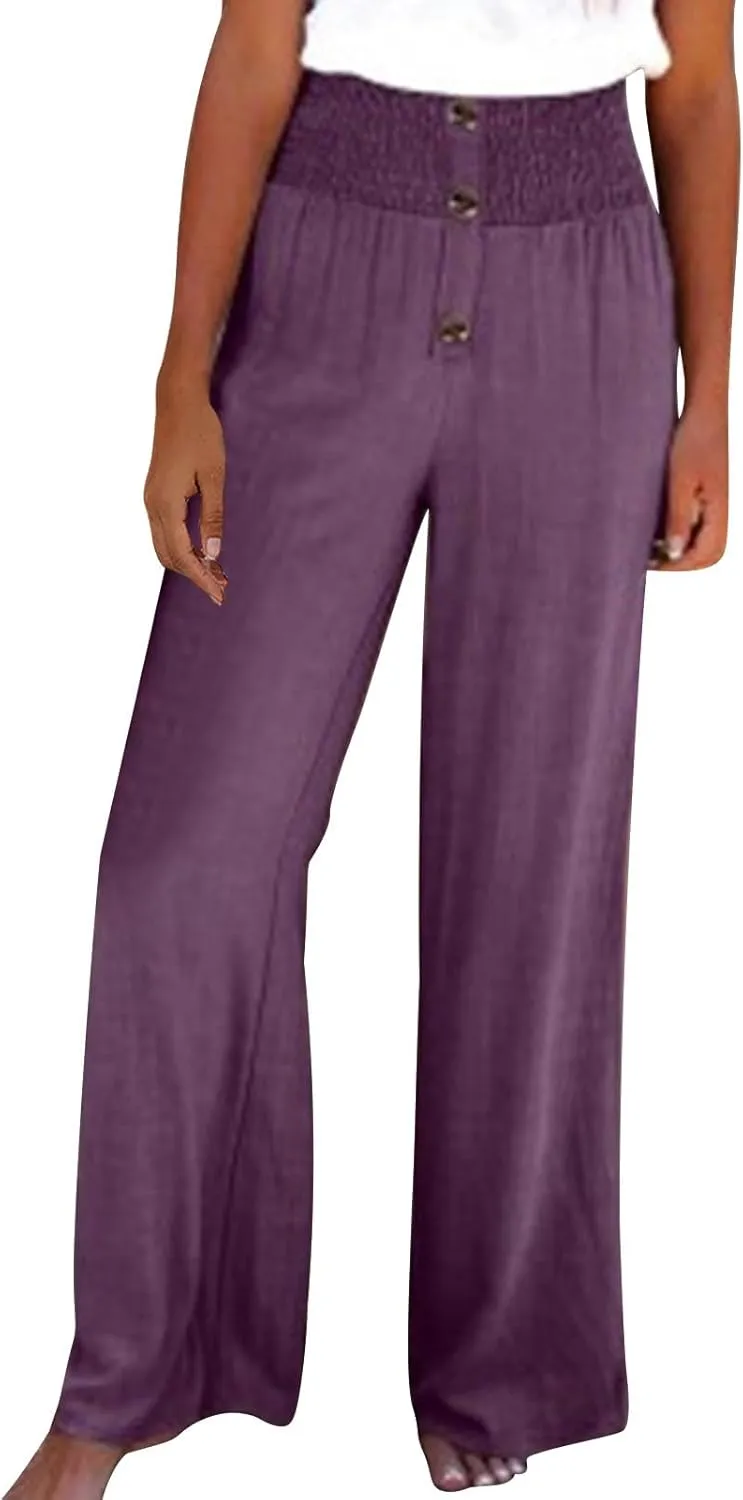 Lmdudan Women Linen Palazzo Pants 2025 Summer Boho Wide Leg High Waist Casual Lounge Pant Beach Travel Vacation Outfits