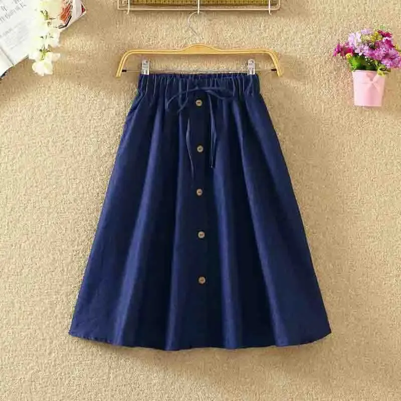 LVSANW Women Single-Breasted High-Waist Mid-Length Skirt Solid Color Denim Skirt