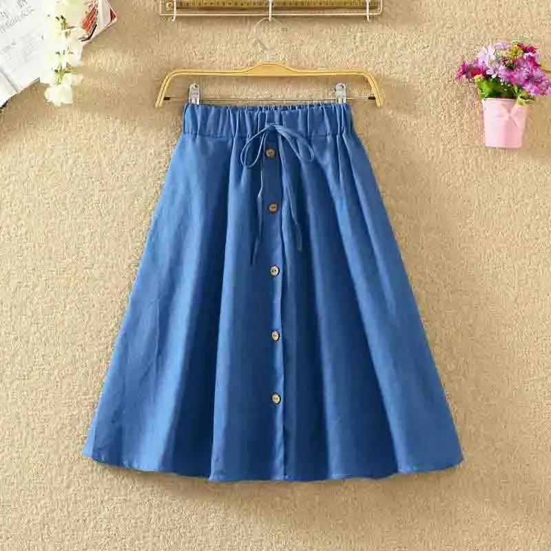 LVSANW Women Single-Breasted High-Waist Mid-Length Skirt Solid Color Denim Skirt