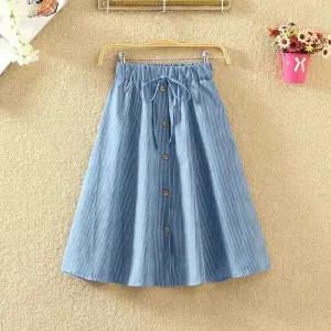 LVSANW Women Single-Breasted High-Waist Mid-Length Skirt Solid Color Denim Skirt