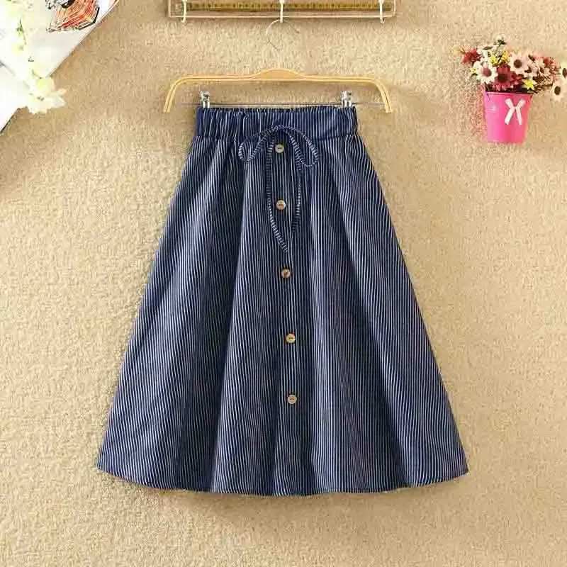 LVSANW Women Single-Breasted High-Waist Mid-Length Skirt Solid Color Denim Skirt